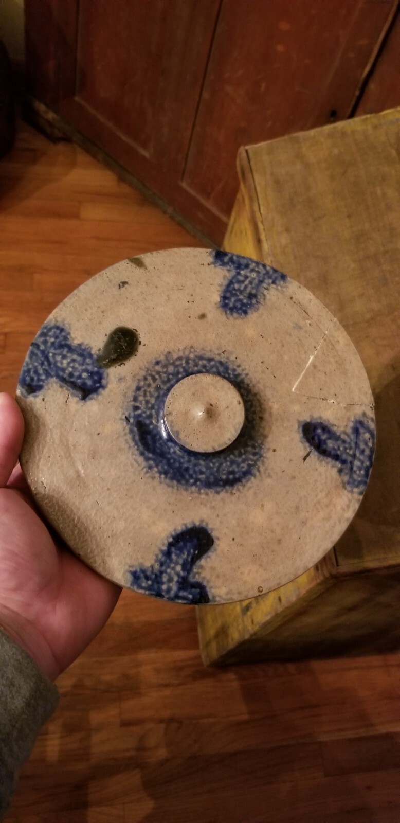 Antique Decorated stoneware Butter Or Cake crock Lid Pa Or Md