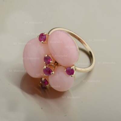 Echter rosa Opal & Rubin Edelstein Cluster Ring massiv 14K Gelbgold feiner Ring