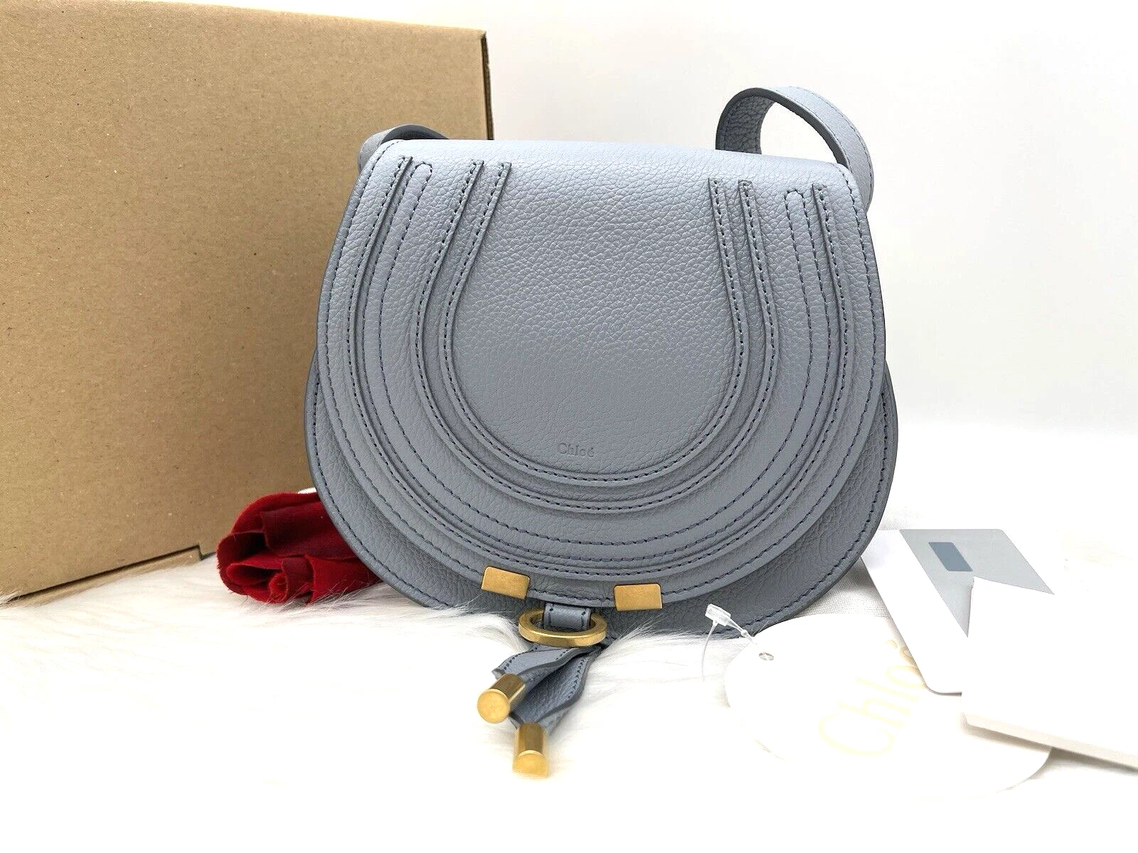 Chloe — AUTH NWT $1450 Chloé Marcie Small Pebbeld Leather Saddle Crossbody In Storm Blue