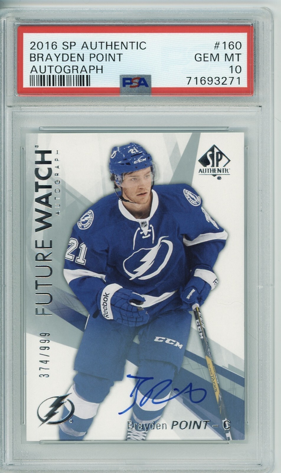 2016/17 UD SP AUTHENTIC Brayden Point FUTURE WATCH AUTO RC ROOKIE /999 PSA 10