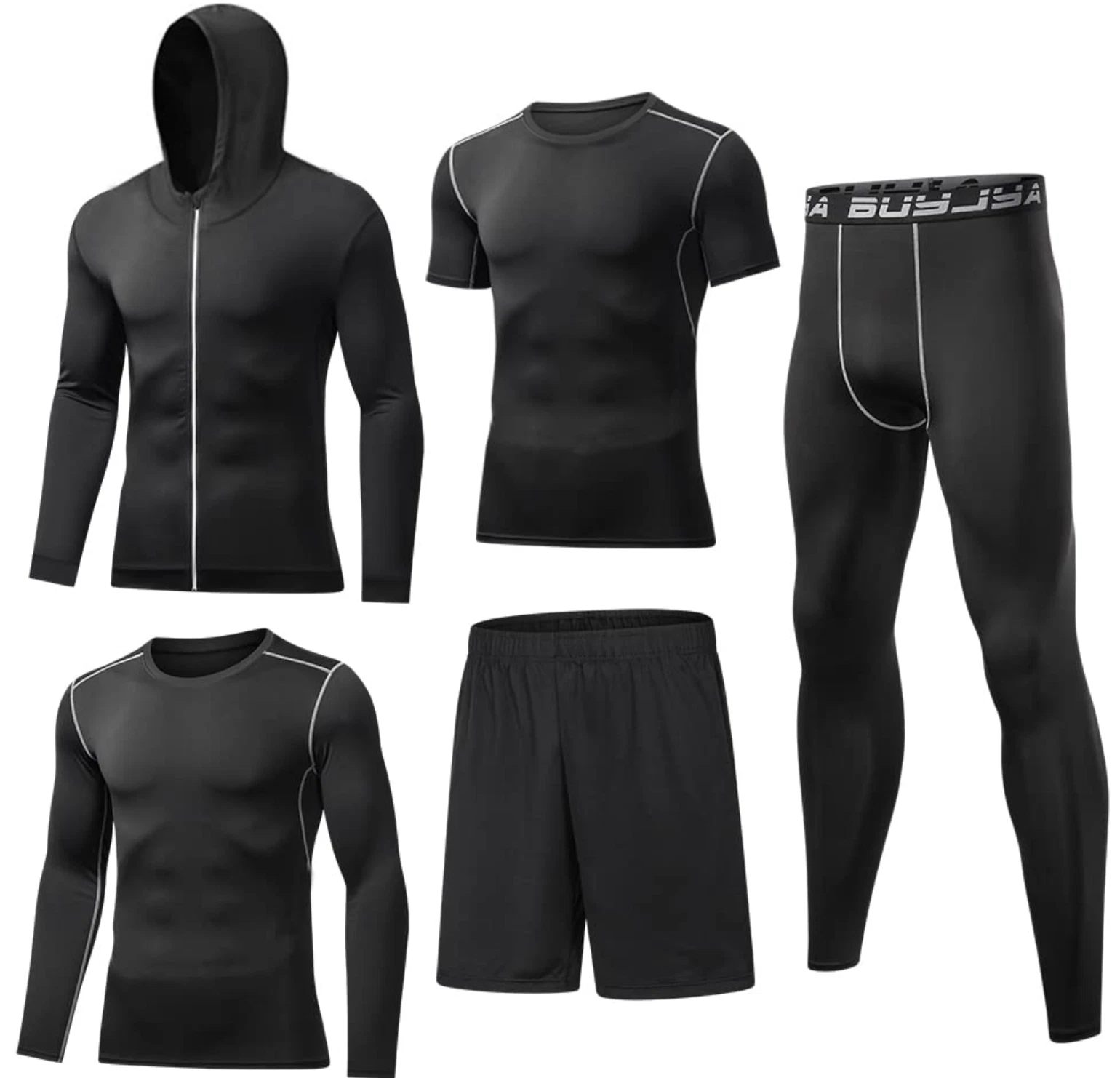 BUYJYA 5Pcs Men's Compression Pants Shirt Top Long Sleeve Jacket Athletic XL