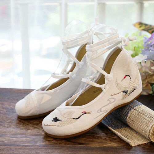 Embroidered Women Canvas Lace Strap Flats Comfortable Casual Cotton Fabric Shoes - Picture 24 of 26