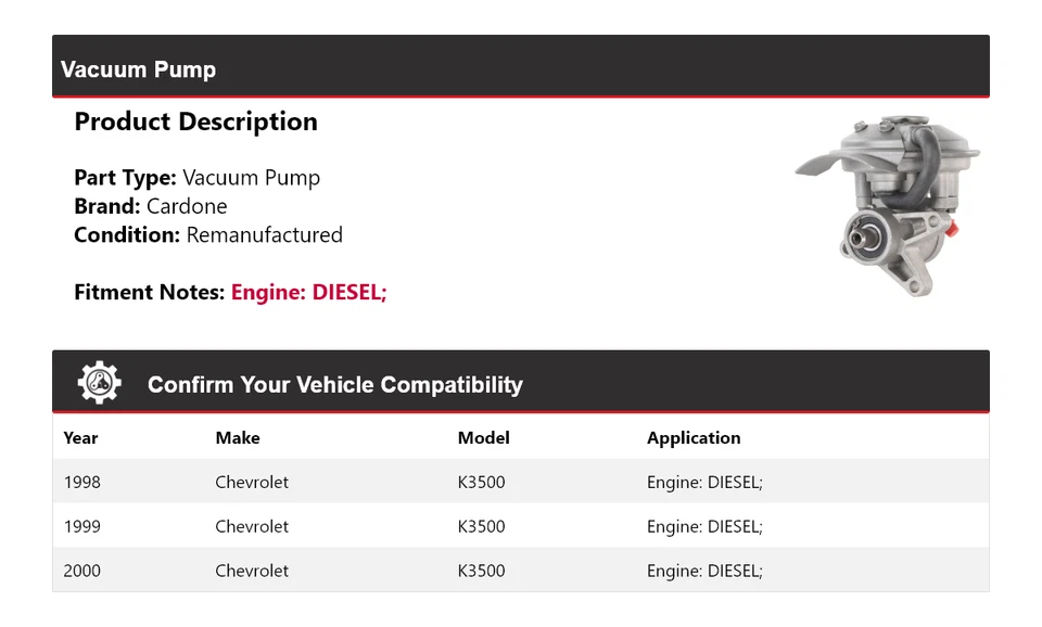 Bomba de vacío diésel Cardone 1999 para Chevrolet K3500 1998-2000 Foto 2 de 4