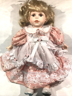 Doll Blonde Hair Brown Eyes Pink Daisy Dress w Slippers Rich Imports Collectible