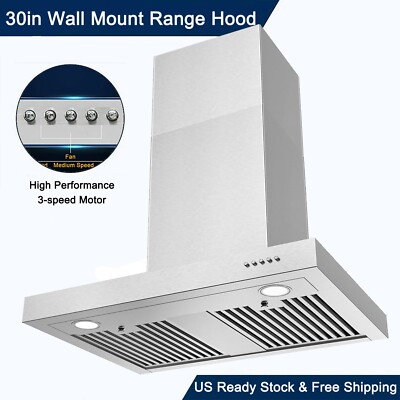 30 in Wall Mount Range Hood Stainless Steel 3-Speed 900CFM Kitchen Cook Fan New