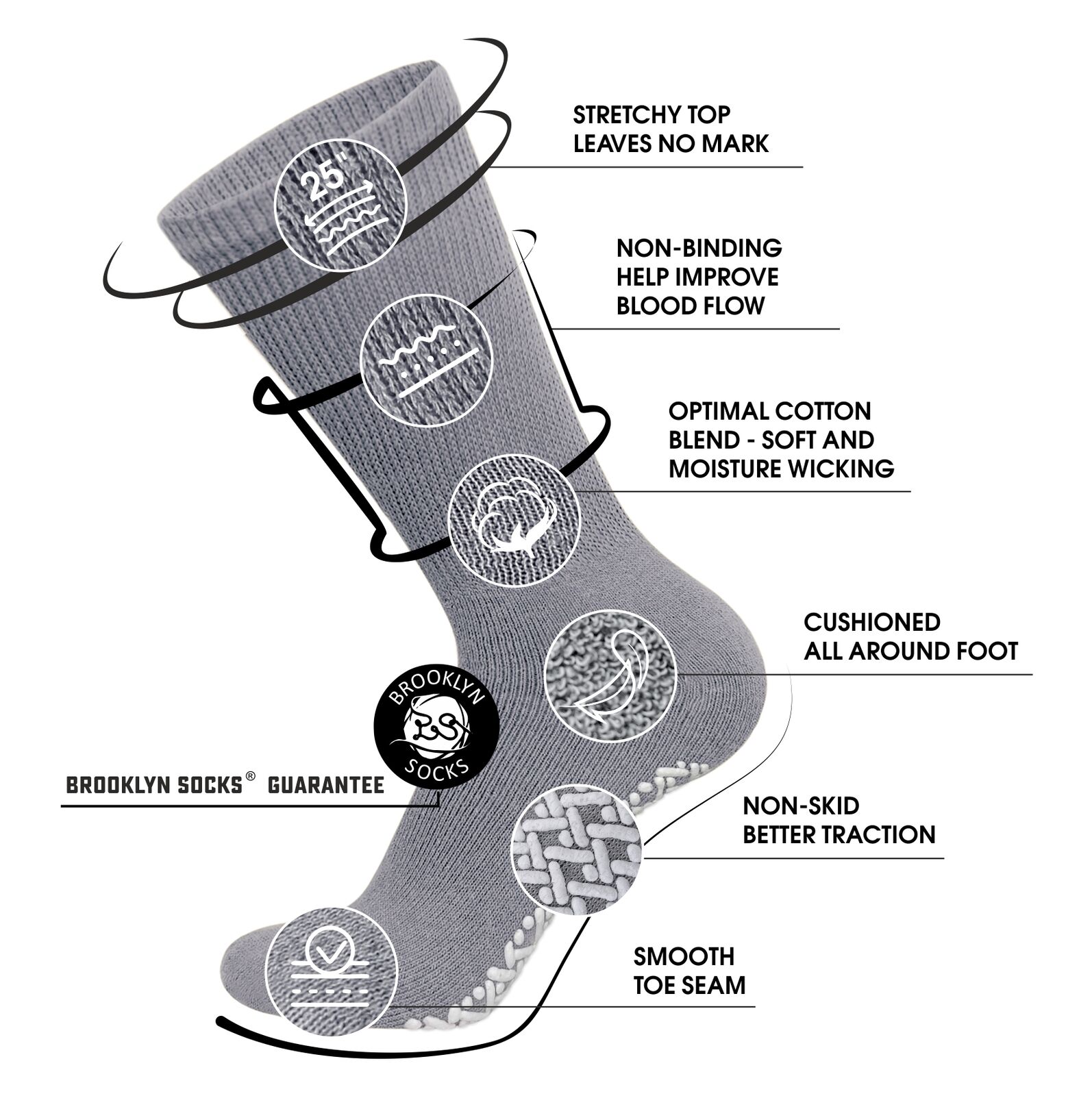 Non-Skid Diabetic Crew Socks, Non Binding Top Therapeutic Cotton Gripper Socks