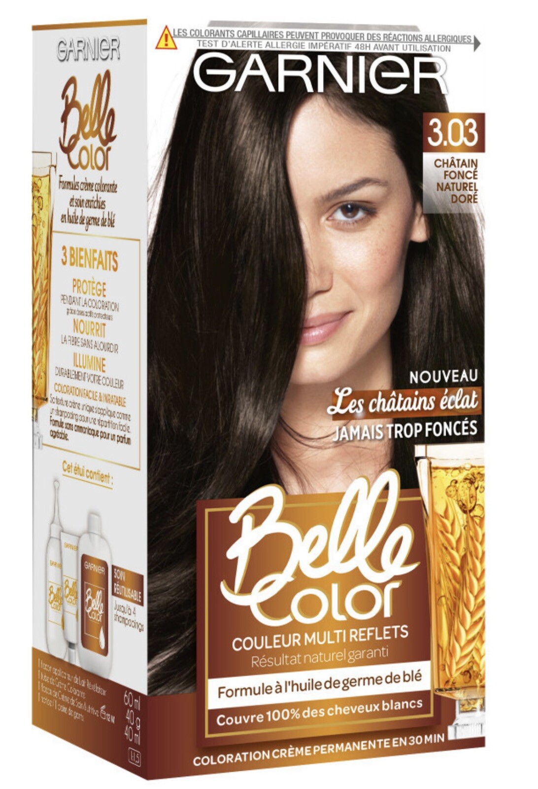 Châtain foncé naturel doré teinture Garnier Belle Color 3.03 cheveux blancs et reflets