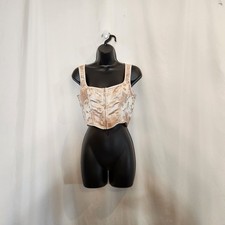PRETTYLITTLETHING Pink Satin Jacquard Corset Crop Top Coquette Womens 4 FLAWED