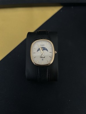 NOAH x TIMEX Oval Moon Phase Watch Black Leather Strap Gold Case