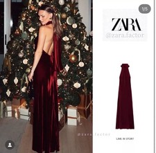 ZARA NEW WOMAN LONG velvet HALTER DRESS TIE OPEN-BACK WINE Size S 