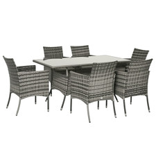 Image of Outsunny Rattan Dining Set for 6 with Cushions, Glass Top Table, Grey