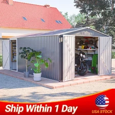 10x14FT Outdoor Metal Storage Shed with Durable Frame and Lockable Door, Grey