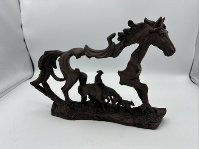 Horse & Cowboy Round Up Statue   Faux Wood Carving   Zeckos Western Décor