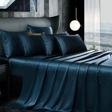 Manyshofu 7Pcs Navy Satin Sheets - Queen Set 1 Fitted 1 Flat 4 Pillowcases 1