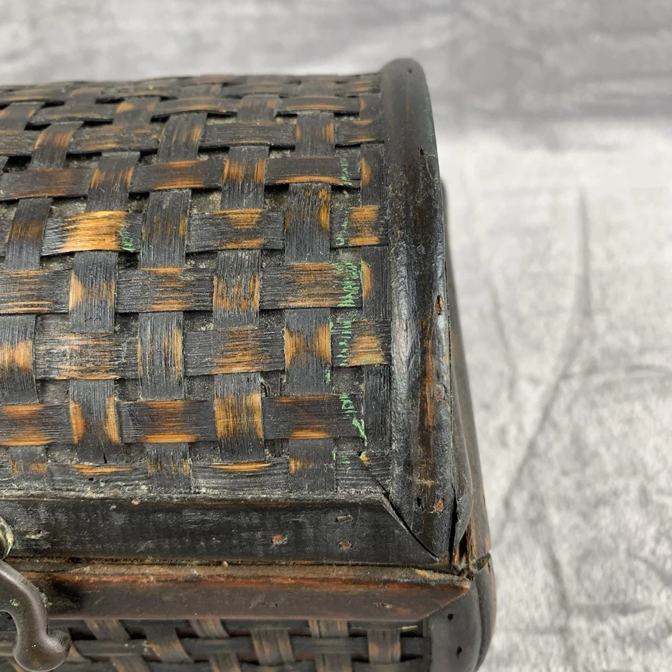 Vintage Hinged Small Wood Chest Trinket Box  Cane & Rattan Woven Basket Trunk - Image 3 of 4