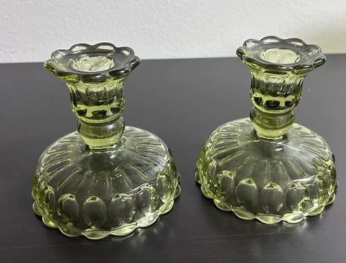 Fenton Thumbprint Colonial Green Glass Candlestick Holders Vintage Pair Set Of 2