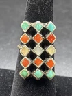 Vintage Handmade ZUNI Sterling Silver Turquoise, Coral, & MOP Ring Sz 5.5 (J)
