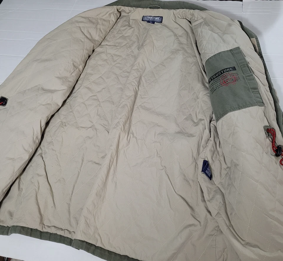 Vtg Structure Canvas Chore Barn Coat Jacket Olive Green Large Military Style - Image 3 of 4