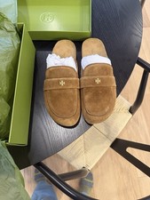Tory Burch Tan Suede Slides with Gold Emblem everly cork mule birra 10