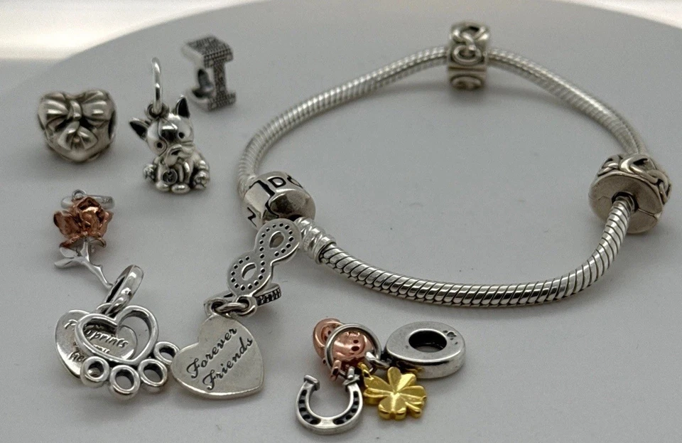Pandora Silberarmband 925 ALE + 7x Charms Herz Liebe Rose Hufen Schleife L: 18cm