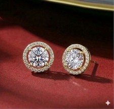 9ct Gold Round CZ Halo Stud Earrings 925 Sterling Silver Sparkling Crystal Gift