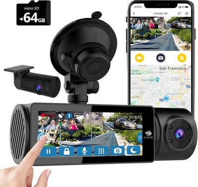 Z-Edge Dashcam 3-Channel 5K/4K/2K/1080P with GPS Wi-Fi, Front Inner Rear, IPS