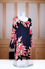 MSK Dress L Navy Floral Sheer Bell Sleeves Scoop Neck USA Made Spandex Artsy