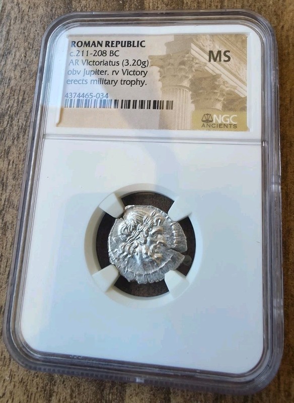 Roman Republic c.211-208 BC AR Victoriatus 3.20g NGC MS Jupiter Ancient Silver