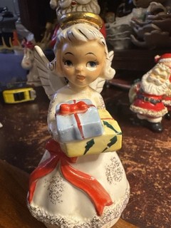 Vintage Ucagco Japan Angel Figurine Christmas Girl w Gifts Gold Halo Mid Century