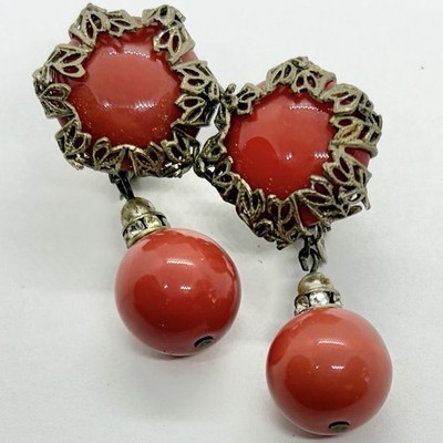 Vtg Signed Miriam Haskell Russian Style Faux Coral Glass Dangle Earrings Clip-on
