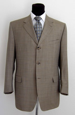 Canali three button side vent pleaded front cuffed pants beige plaid suit 46R