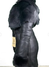 NEW PRP£1,350 real sheepskin fur shearling hood leather coat jacket M UK8-10 US4