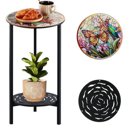 2-Tier Metal Round Side Table Black Accent Coffee Tables Small Space Corner P...
