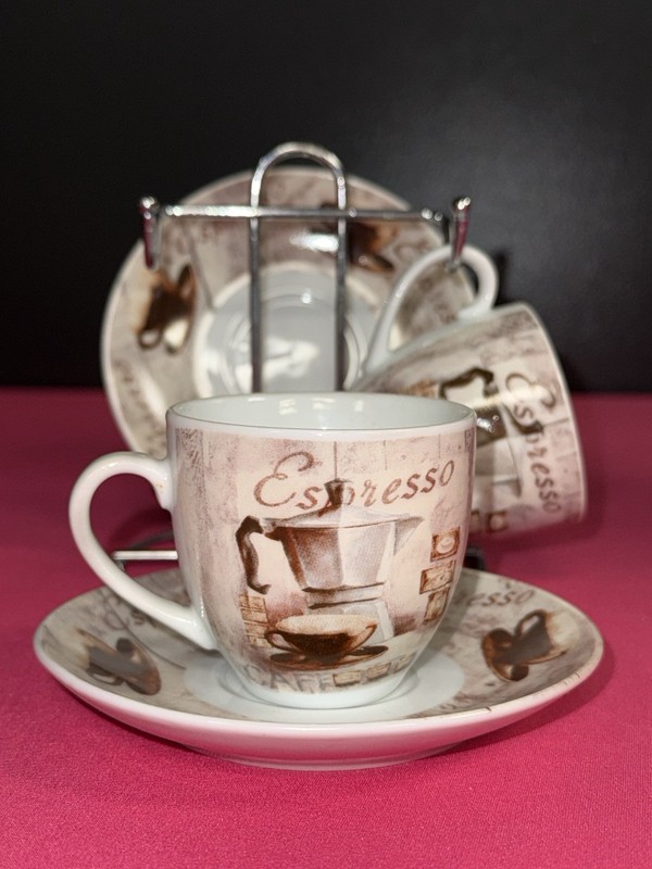 D'Lusso Home Collection China Café Design Espresso Demitasse Cups Saucers Stand