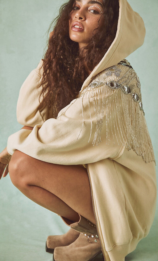 Free People Glitz Cardi Beaded Fringe Mirror Sweatshirt Luxe