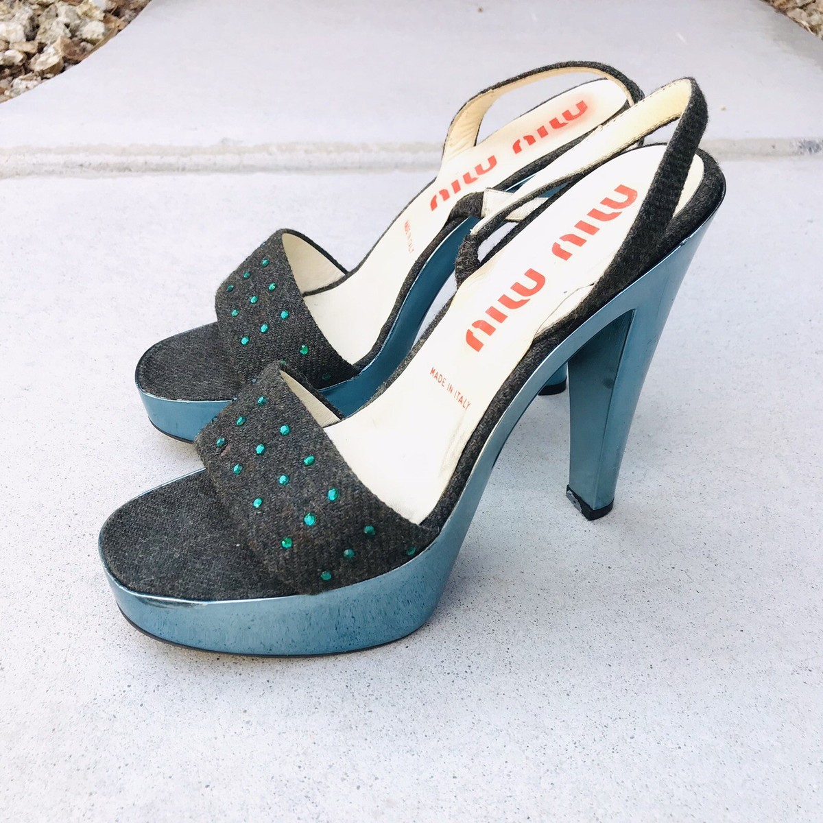 Miu Miu Blue Grey Iridescent Stiletto Rhinestone Platform