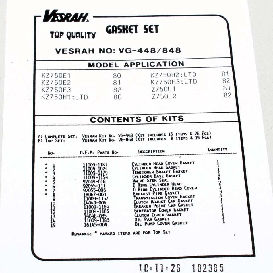 Engine gasket set complete for Kawasaki Z 750 E /H Ltd /L (KZ750E/KZ750H) 80-82 - Image 2 of 3