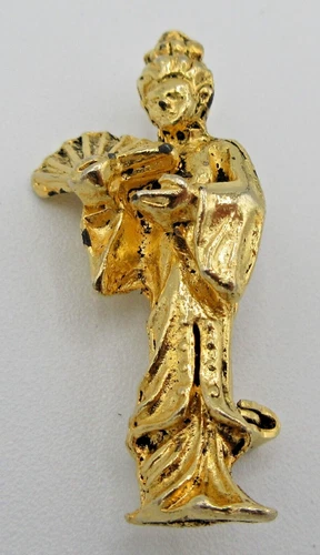 Vtg 3D BUDDHIST man person black Gold tone metl Old Brooch Pin Costume Jewelry