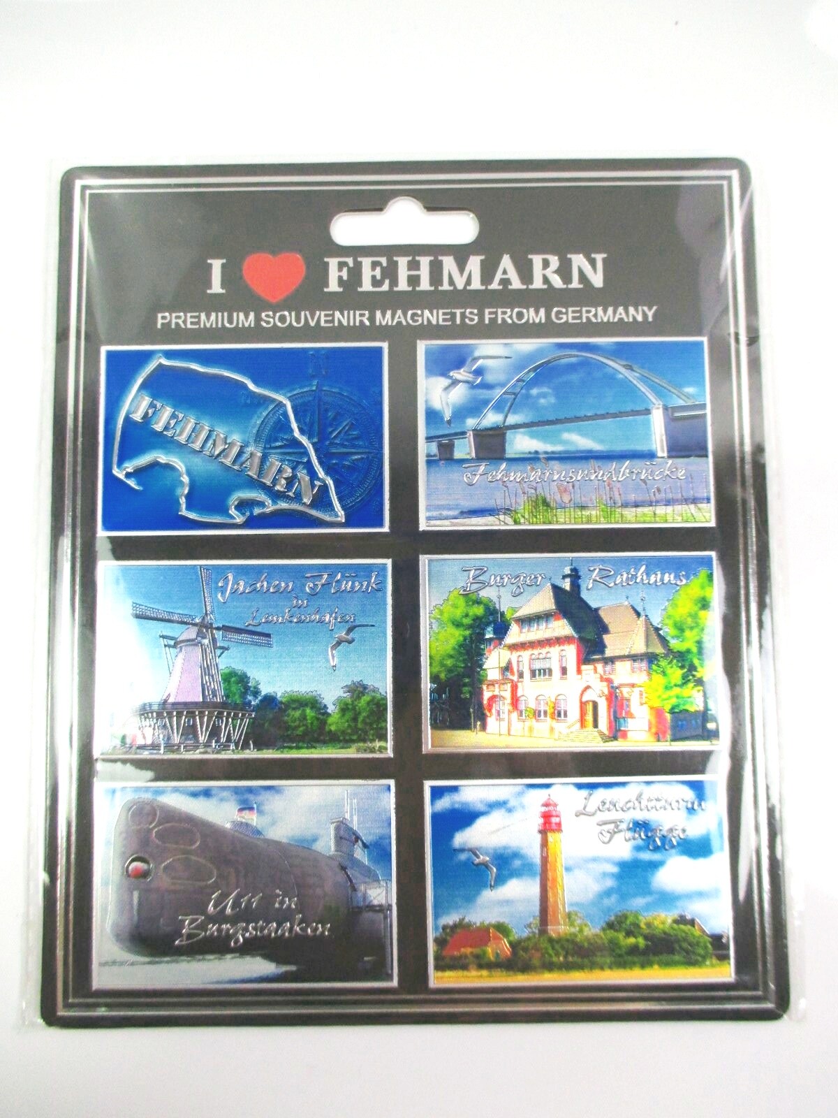 Fehmarn Magnet Set of 6 Laser Metal Souvenir Bridge Wings Burger City Hall Su...