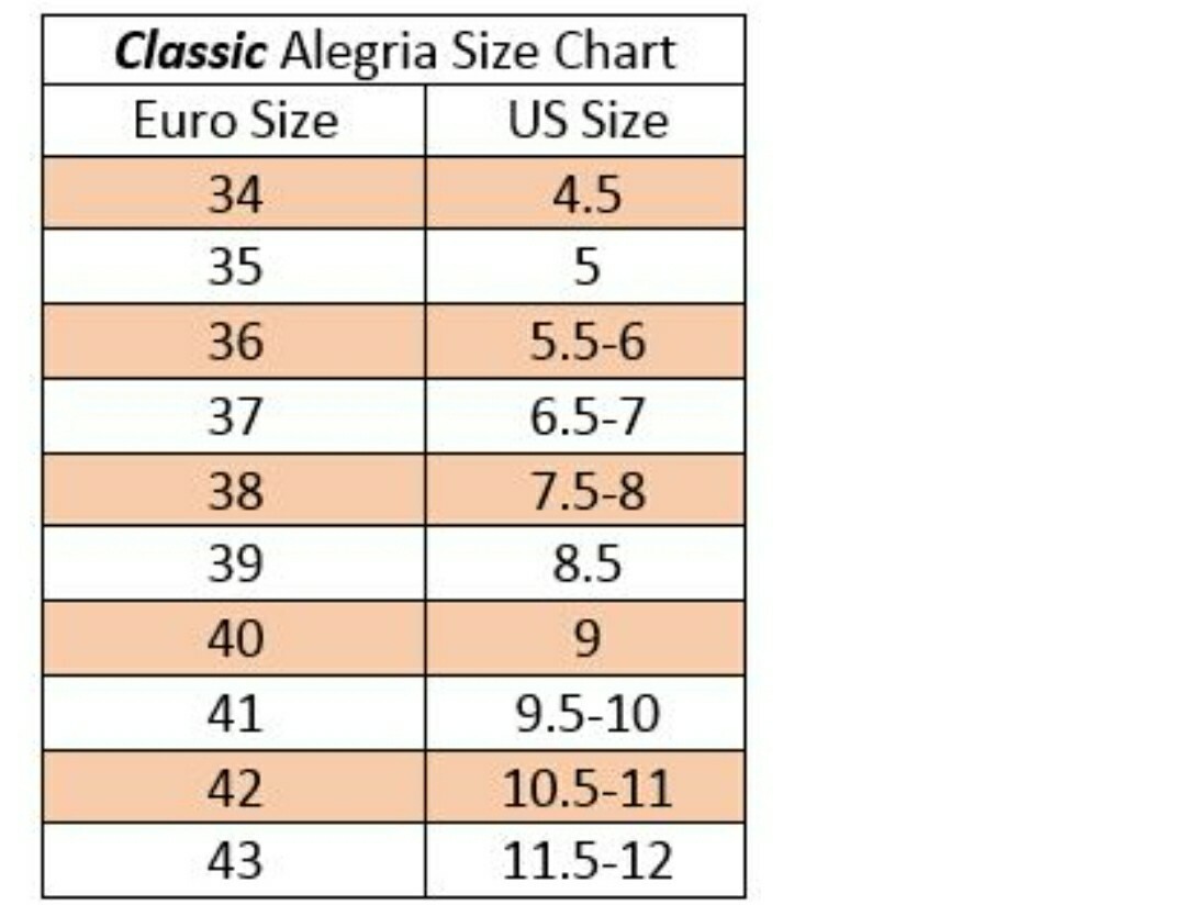 alegria by pg lite size chart