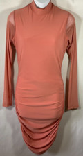 Fashion Nova womens S long sleeve ruched bodycon midi dress pink peach high neck