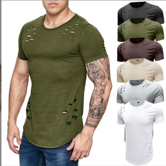 Men's Slim Fit O Neck Short Sleeve Muscle Tee T-shirt Casual Tops Ripped Blouse