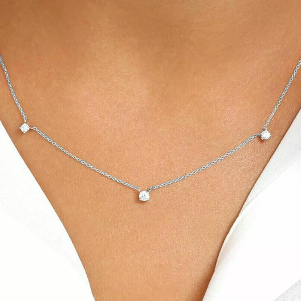 1 3CT Round cut Solitaire 3 Stone Station Choker Necklace Sterling