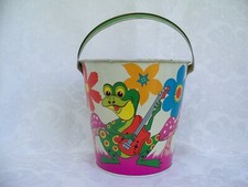 Ohio Art Tin Sand Pail Bucket Beach Toy w/ Colorfil Musical Frogs Litho Designs