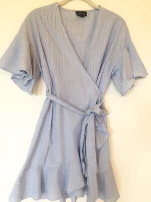 TOPSHOP SZ 4 PIN STRIPED RUFFLE COTTON WRAP MINI DRESS PREPPY SUMMER | eBay