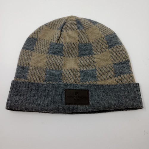 Woolrich Gray Beige Plaid Wool Acrylic Blend Mens Winter Beanie Hat Cap