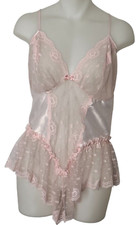 VTG 80s 90s Vandemere Lingerie 1X Pink Playsuit Lace Sheer Romper Coquette Teddy