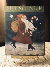 Primitive Folk Art, Old St Nick, Skating Santa Handcrafted Christmas Plaque  #7