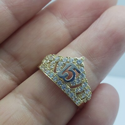 10K Solid Gold Crown Sweet 15 Ring Quinceanera Anos Birthday Band