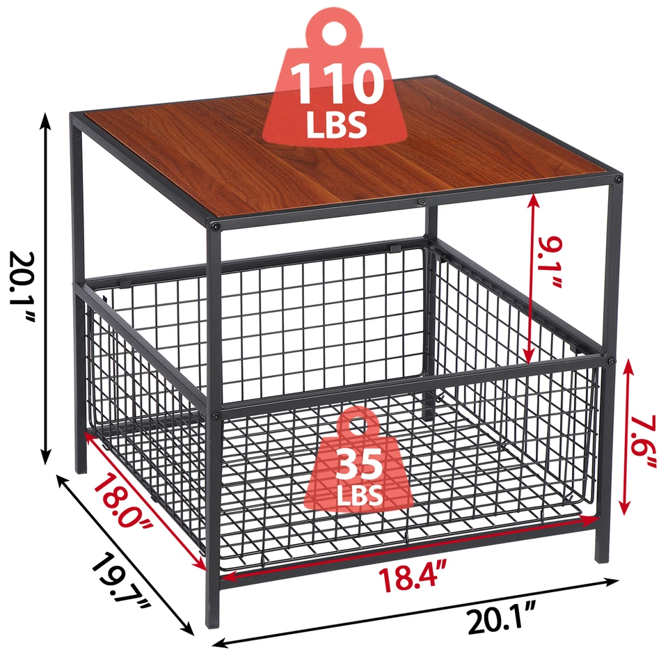 20Inch Square End Table Side Table with Storage Basket Easy Assembly Metal Frame - Image 2 of 4